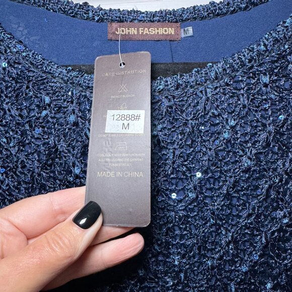 John Fashion Blue Sequin Knit Sweater with Chiffon Hem Detail Size Medium NEW - Picture 5 of 5
